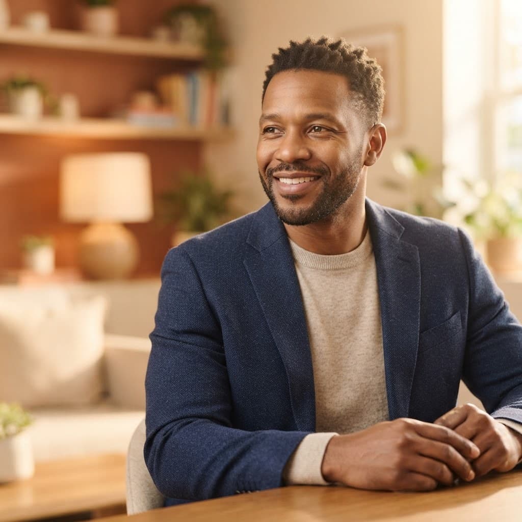 A smiling man representing hope, connection and wellbeing